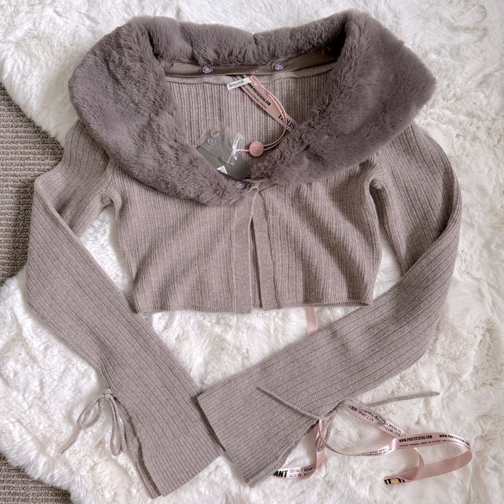 House of CB Fur Trim Knit Cashmere Crop Cardigan S - Camel / Dark Beige